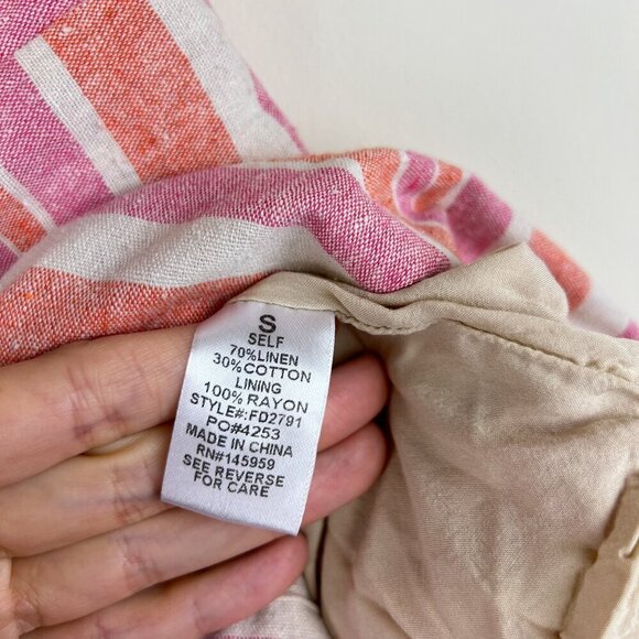 BNDI Pink Striped Linen Blend Button Front Tie Strap Mini Dress - Picture 3 of 5